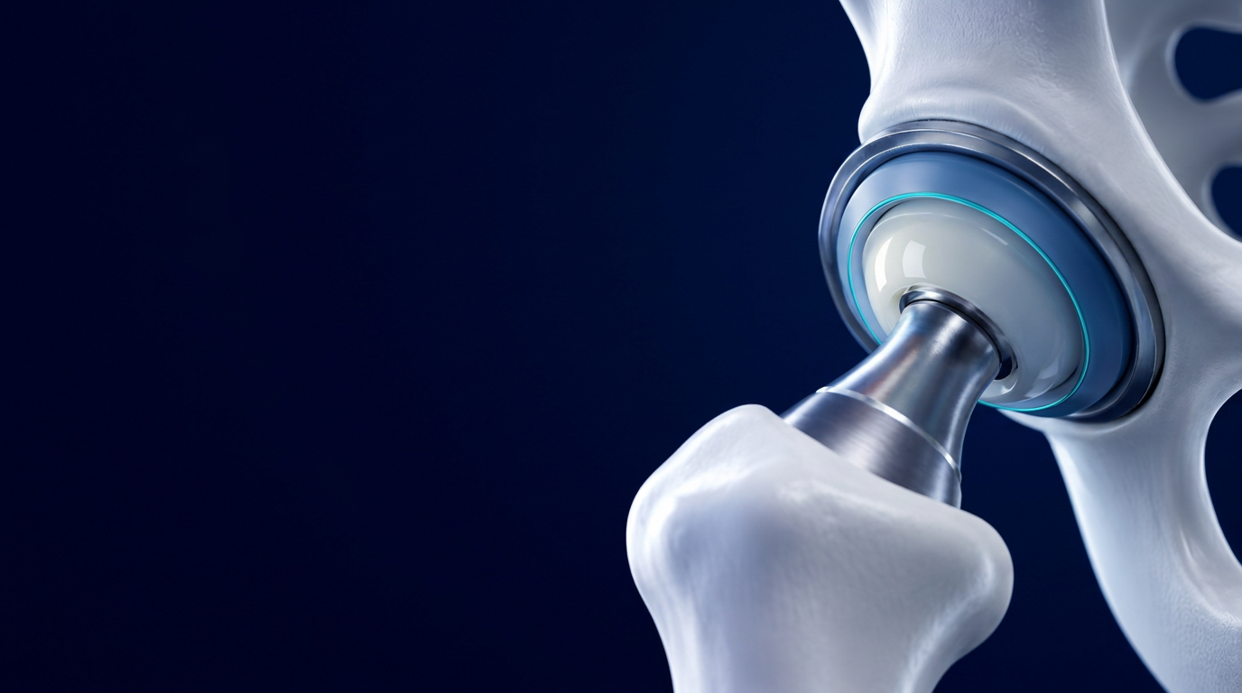 Hip replacement assembly: acetabular cup, liner and femoral head with the force-sensing interface highlighted
